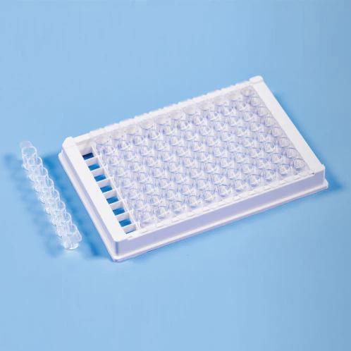 Laboratory High Binding 0,2Ml Διαφανές 8-Strips Αποσπώμενο λευκό πλαίσιο 96 Well Microplate with Half-Skirted